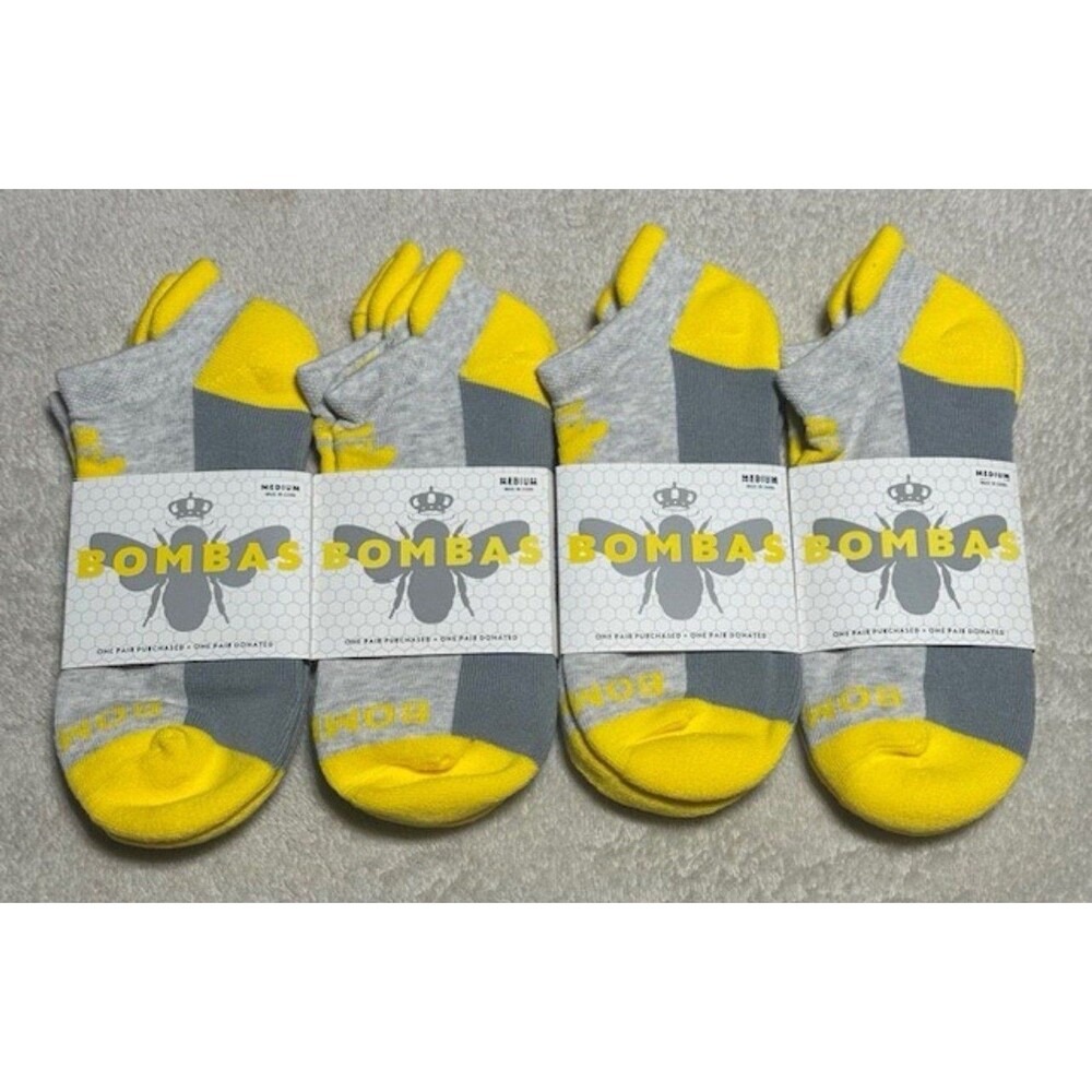 4 Pack Bombas Tri-Block Yellow Grey Ankle Socks Size Medium 8-10.5 NEW